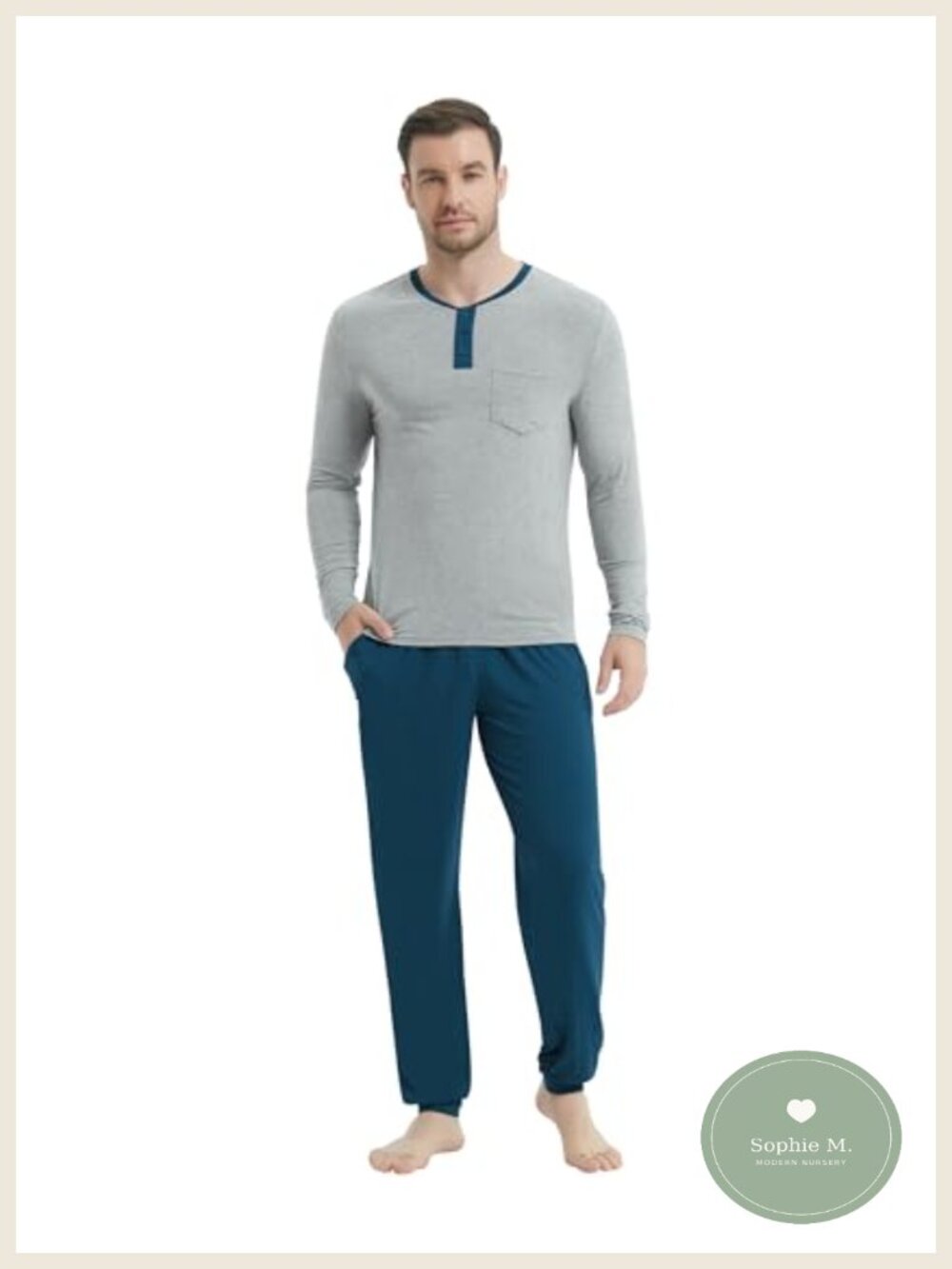Mens Pajama Set Viscose Made from Bamboo Henley Top Sleep Pants Loungewear